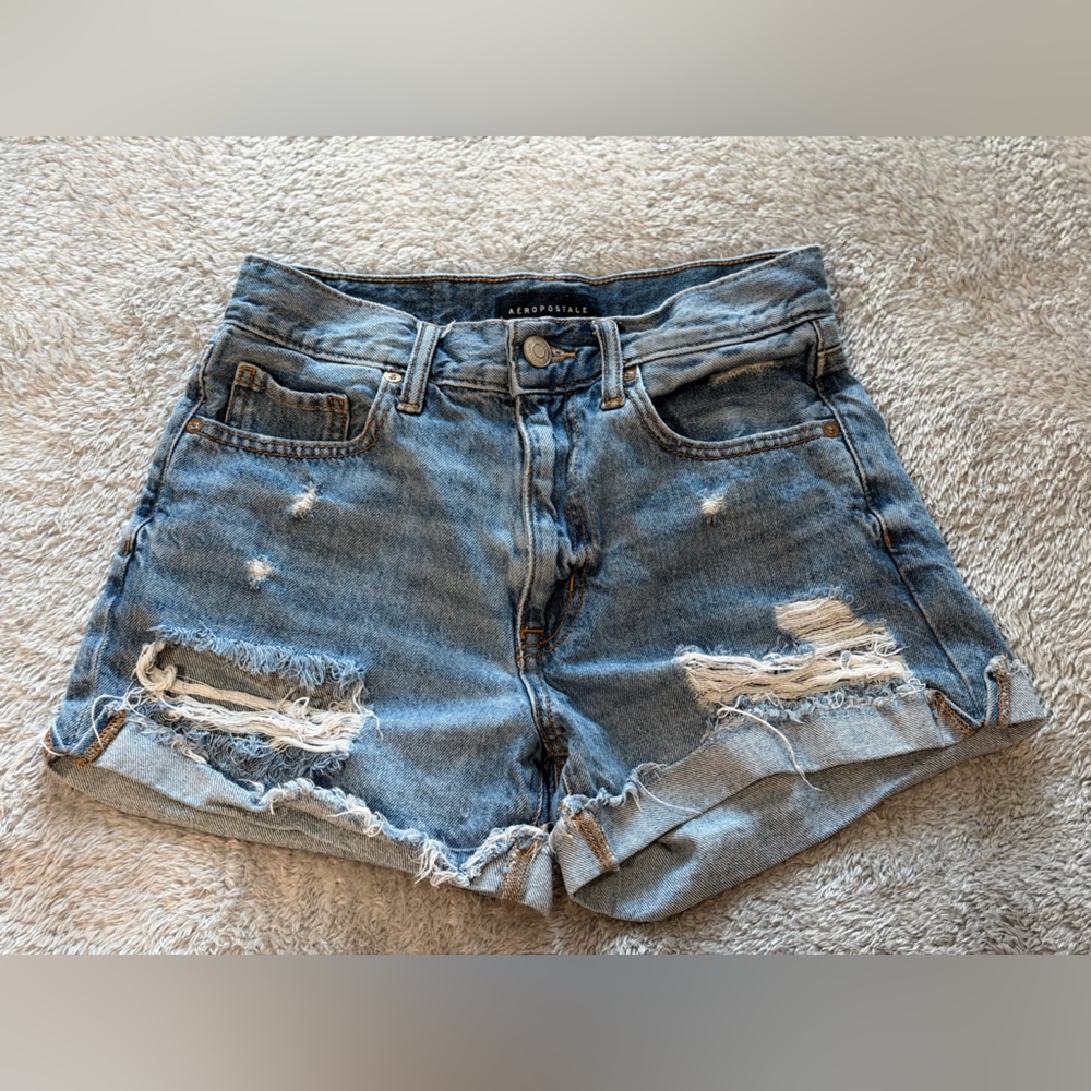 Aeropostale Ripped Cuffed Denim Shorts - Light Blue